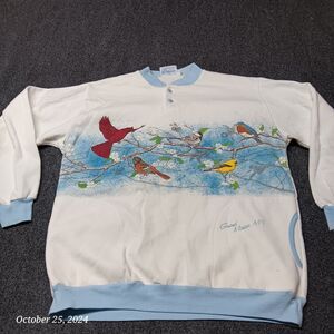 Vintage AU Sportswear Sweatshirt Men Large White & Blue Bird Print Grand Marais‎